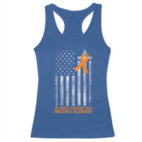 God Stronger Multiple Sclerosis Awareness Racerback Tank Top Orange Ribbon Christian US USA Flag American Christ Cross