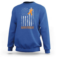 God Stronger Multiple Sclerosis Awareness Sweatshirt Orange Ribbon Christian US USA Flag American Christ Cross