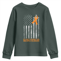 God Stronger Multiple Sclerosis Awareness Youth Sweatshirt Orange Ribbon Christian US USA Flag American Christ Cross