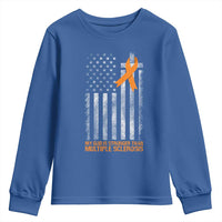 God Stronger Multiple Sclerosis Awareness Youth Sweatshirt Orange Ribbon Christian US USA Flag American Christ Cross