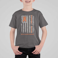 MS Support Squad T Shirt For Kid Orange Ribbon Multiple Sclerosis Awareness USA Flag