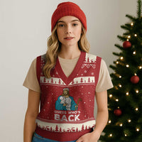 Guess Whos Back V-Neck Knit Sweater Vest Funny Religious Jesus Back Cute Bunny - Wonder Print Shop