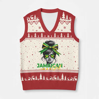 Proud Jamaican Girl V-Neck Knit Sweater Vest Jamaica Messy Bun Retro Vintage Jamaican Flag - Wonder Print Shop