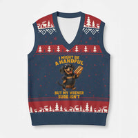 Funny Embarrassing Dachshund V-Neck Knit Sweater Vest Wiener Hot Dog Pun Crude Cringey Inappropriate Humor