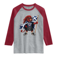 Proud Scotland Rampant Lion Raglan Shirt Scottish Flag Red Lion Mascot with Kilt Football Fans