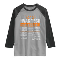 HVAC Tech Hourly Rate Raglan Shirt Funny Labor Pricing List Technician Quote Graphic