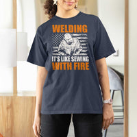 Welder Gifts for Men T Shirt For Women Welding Its Like Sewing With Fire American Flag