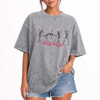 Dancing Skeletons Breast Cancer Washed Cotton T-Shirt Skeleton Pink Ribbon Halloween