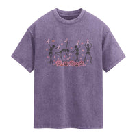 Dancing Skeletons Breast Cancer Washed Cotton T-Shirt Skeleton Pink Ribbon Halloween