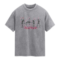 Dancing Skeletons Breast Cancer Washed Cotton T-Shirt Skeleton Pink Ribbon Halloween