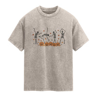 Dancing Skeleton Washed Cotton T-Shirt Retro Halloween Party Pumpkin Fall Season