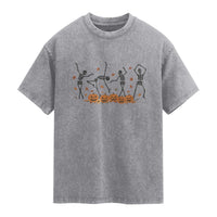 Dancing Skeleton Washed Cotton T-Shirt Retro Halloween Party Pumpkin Fall Season