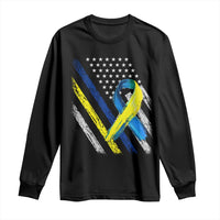 World Down Syndrome Day Long Sleeve Shirt Blue Yellow Ribbon American Flag T21 321