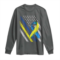 World Down Syndrome Day Long Sleeve Shirt Blue Yellow Ribbon American Flag T21 321