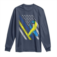 World Down Syndrome Day Long Sleeve Shirt Blue Yellow Ribbon American Flag T21 321