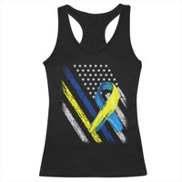 World Down Syndrome Day Racerback Tank Top Blue Yellow Ribbon American Flag T21 321