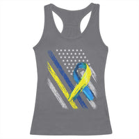 World Down Syndrome Day Racerback Tank Top Blue Yellow Ribbon American Flag T21 321