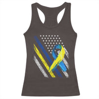 World Down Syndrome Day Racerback Tank Top Blue Yellow Ribbon American Flag T21 321