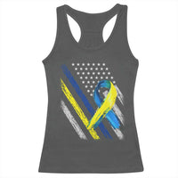 World Down Syndrome Day Racerback Tank Top Blue Yellow Ribbon American Flag T21 321