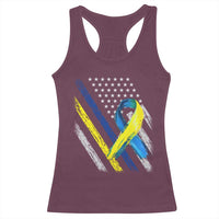 World Down Syndrome Day Racerback Tank Top Blue Yellow Ribbon American Flag T21 321