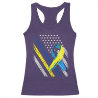 World Down Syndrome Day Racerback Tank Top Blue Yellow Ribbon American Flag T21 321