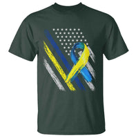 World Down Syndrome Day T Shirt Blue Yellow Ribbon American Flag T21 321