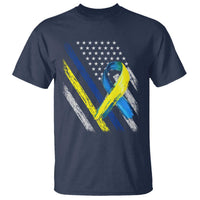 World Down Syndrome Day T Shirt Blue Yellow Ribbon American Flag T21 321