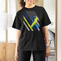 World Down Syndrome Day T Shirt For Women Blue Yellow Ribbon American Flag T21 321
