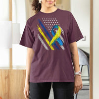 World Down Syndrome Day T Shirt For Women Blue Yellow Ribbon American Flag T21 321