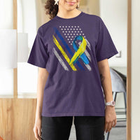World Down Syndrome Day T Shirt For Women Blue Yellow Ribbon American Flag T21 321