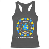 World Down Syndrome Day Racerback Tank Top 321 Awareness Support Blue Yellow Ribbon Down Right Perfect