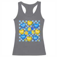 World Down Syndrome Day Racerback Tank Top Blue Yellow Ribbon Retro Heart Love