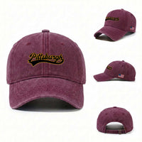 Vintage Pittsburgh Washed Cotton Baseball Cap Varsity Script Retro Sports Jersey Style Baseball Fans