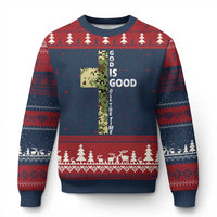 God Is Good Ugly Christmas Sweater Camo Cross Religious Jesus Faith Bible Verse Inspirational