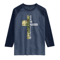 God Is Good Raglan Shirt Camo Cross Religious Jesus Faith Bible Verse Inspirational