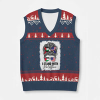 Stand With Palestine V-Neck Knit Sweater Vest Messy Bun Gaza Palestinian Flag - Wonder Print Shop