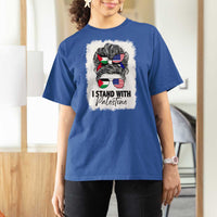 Stand With Palestine T Shirt For Women Messy Bun Gaza Palestinian Flag - Wonder Print Shop