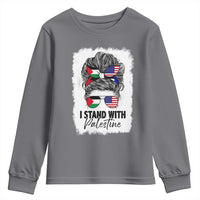 Stand With Palestine Youth Sweatshirt Messy Bun Gaza Palestinian Flag - Wonder Print Shop