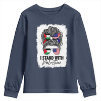 Stand With Palestine Youth Sweatshirt Messy Bun Gaza Palestinian Flag - Wonder Print Shop