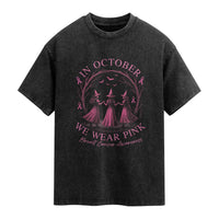 In October We Wear Pink Witches Washed Cotton T-Shirt Spooky Breast Cancer Witch Halloween Pink Ribbon
