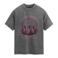 In October We Wear Pink Witches Washed Cotton T-Shirt Spooky Breast Cancer Witch Halloween Pink Ribbon