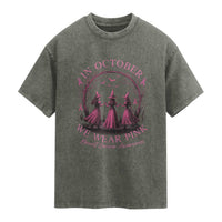 In October We Wear Pink Witches Washed Cotton T-Shirt Spooky Breast Cancer Witch Halloween Pink Ribbon