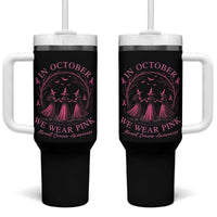 In October We Wear Pink Witches Tumbler With Handle Spooky Breast Cancer Witch Halloween Pink Ribbon - Wonder Print Shop