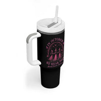 In October We Wear Pink Witches Tumbler With Handle Spooky Breast Cancer Witch Halloween Pink Ribbon - Wonder Print Shop
