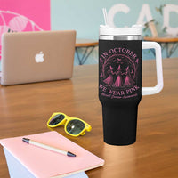 In October We Wear Pink Witches Tumbler With Handle Spooky Breast Cancer Witch Halloween Pink Ribbon - Wonder Print Shop