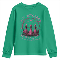 In October We Wear Pink Witches Youth Sweatshirt Spooky Breast Cancer Witch Halloween Pink Ribbon - Wonder Print Shop