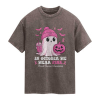 In October We Wear Pink Ghost Washed Cotton T-Shirt Halloween Breast Cancer Pink Ribbon Pumpkin