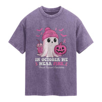 In October We Wear Pink Ghost Washed Cotton T-Shirt Halloween Breast Cancer Pink Ribbon Pumpkin
