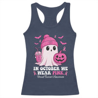 In October We Wear Pink Ghost Racerback Tank Top Halloween Breast Cancer Pink Ribbon Pumpkin - Wonder Print Shop