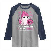 In October We Wear Pink Ghost Raglan Shirt Halloween Breast Cancer Pink Ribbon Pumpkin - Wonder Print Shop